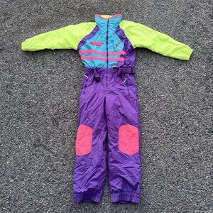 VINTAGE Tyrolia Kids Ski Suit Girls 18 Purple Neon One Piece Snowsuit Youth 80s